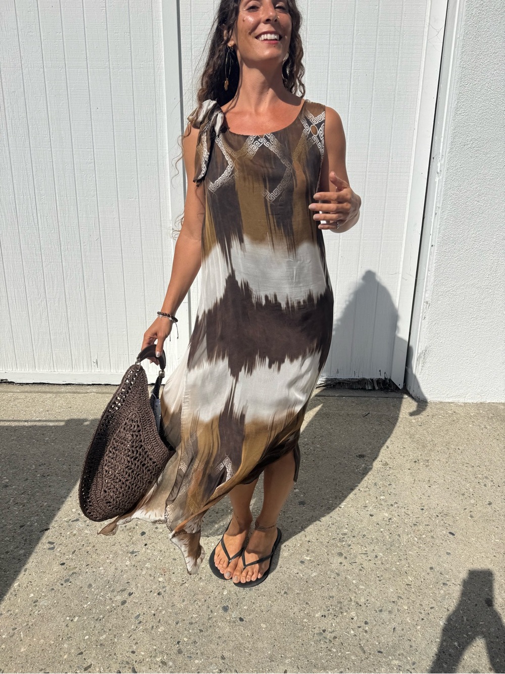 Silk Brown & White Tie-Dye Maxi Dress